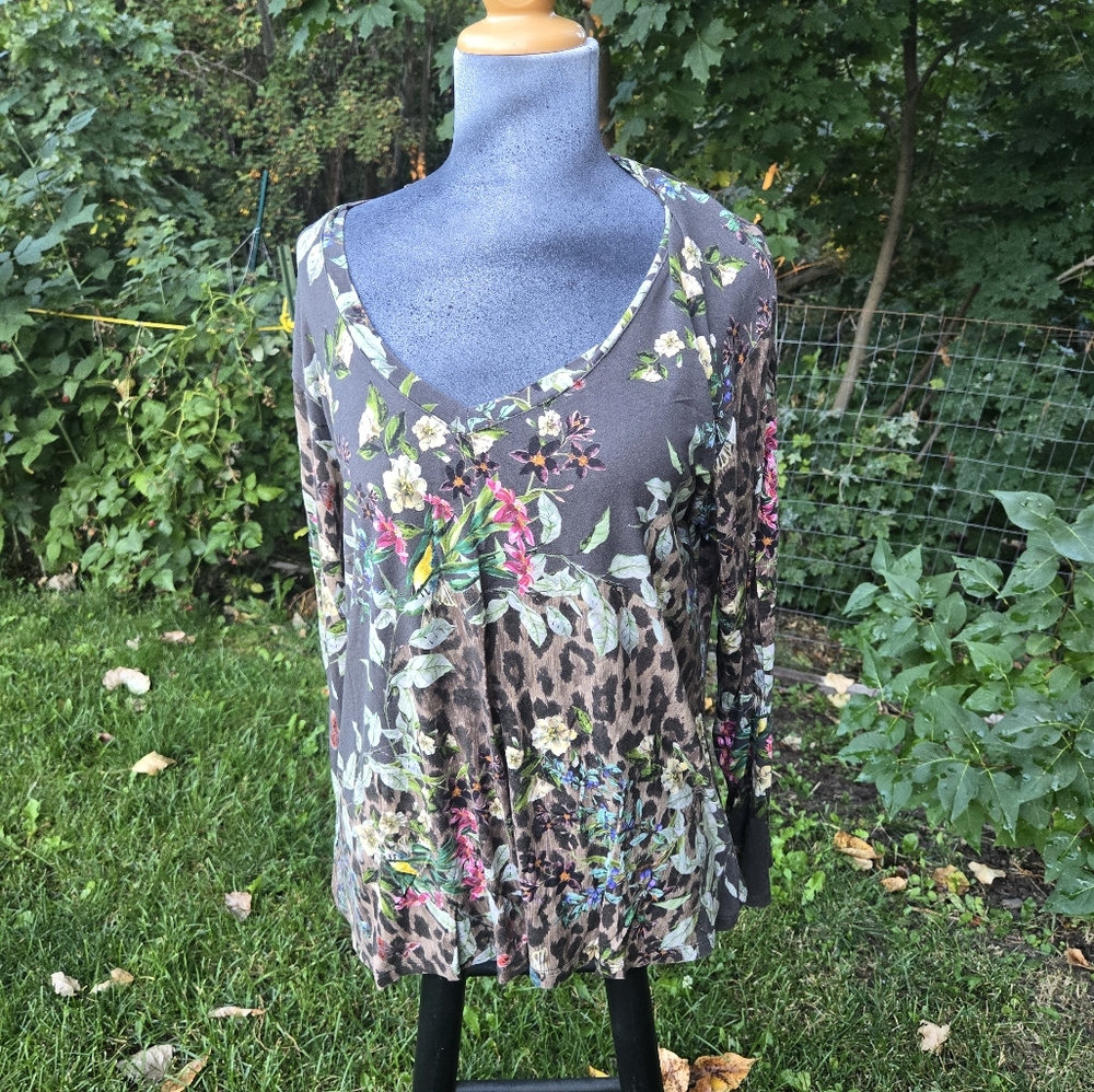 Johnny Was Multicolor Floral and Leopard Blouse